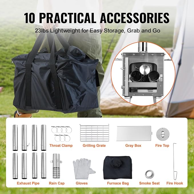 VEVOR Camping Wood Stove Stainless Steel Camping Tent Stove, Portable Wood - Image 4