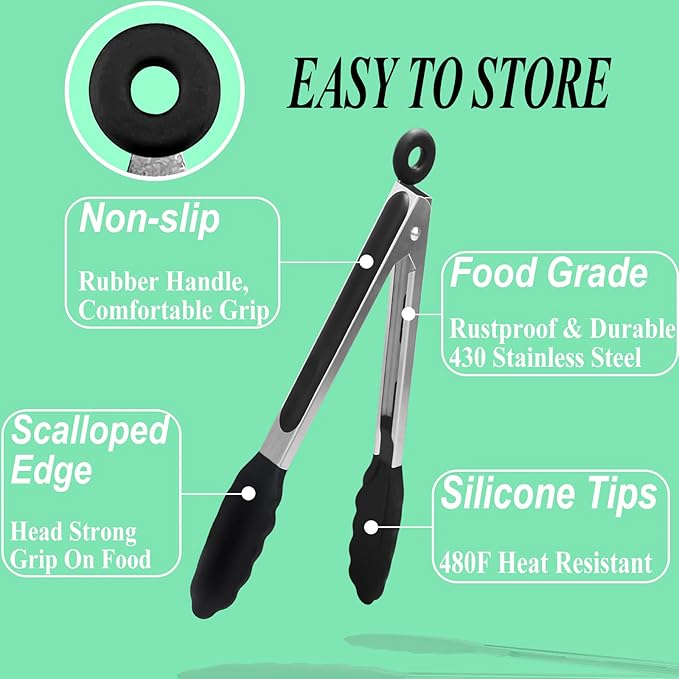 Silicone Tip Tongs Set, 3-Piece 9-Inch Black Stainless Steel
