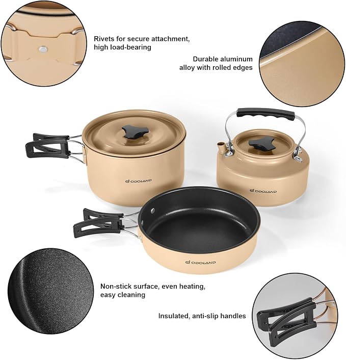 Odoland 15pcs Camping Cookware Mess Kit, Non-Stick Lightweight Pot Pan Kettle - Image 6