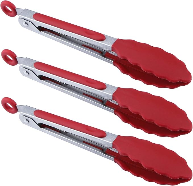 Tongs, 7-Inch Red Silicone Mini Serving Set, Pack of 3