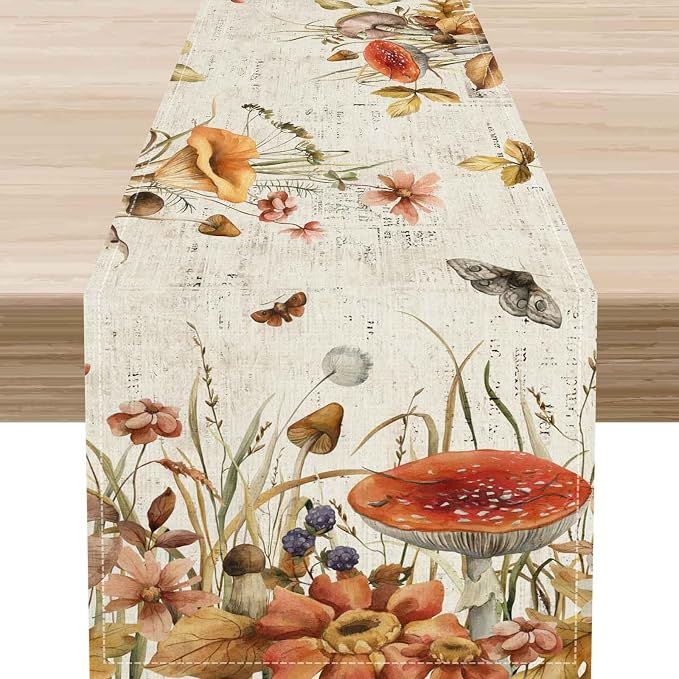 Mushroom Table Runner, Rustic Farmhouse Wildfloral Fall Autumn Leaves by Unknown