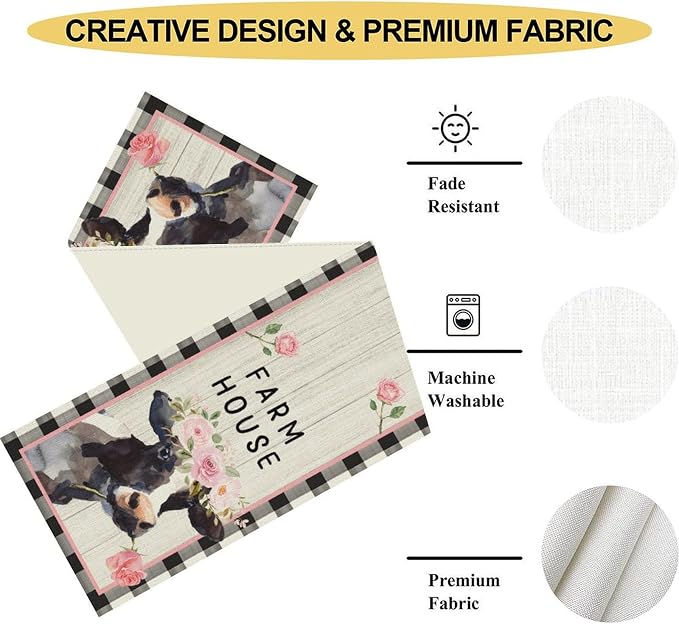 Cow Farmhouse Table Runner, Rustic Black White Plaid Buffalo Animals Flower - Image 5