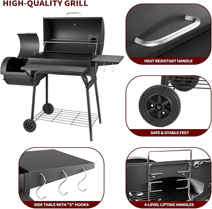 Charcoal Grill with Offset Smoker, BBQ Grills with Side Table, Outdoor Cooking - Image 4
