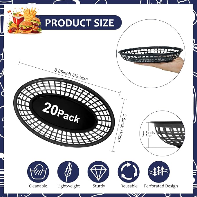 20 Pack Plastic Fast Food Baskets, 8.8" × 5.5" Small Oval Restaurant Serving - Image 2
