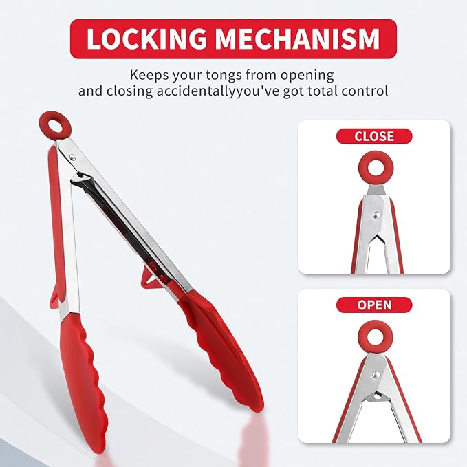 Tongs Set of 3 with Silicone Tips, Red 12-Inch Stainless Steel