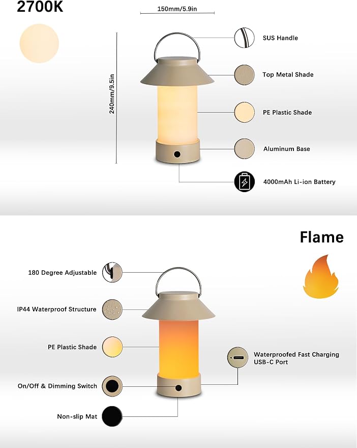 Rechargeable Outdoor Lantern Waterproof, Dimmable Warm White & Flickering Flame - Image 3
