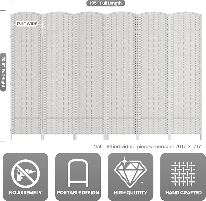 6 Panel Room Divider, 6Ft Folding Privacy Screen, Tall - Image 3