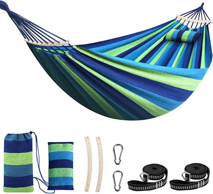 Hammock with Pole, Cotton Camping Hammock in Blue Green Stripes