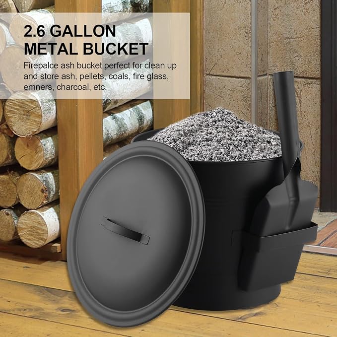 Ash Bucket with Lid, Shovel and Hand Broom, 2.6 Gallon Fireplace Metal Bucket - Image 6