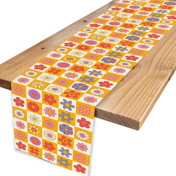 70s Table Runner, Retro Groovy Hippie Daisy Floral Colorful Checkered Funky - Image 4