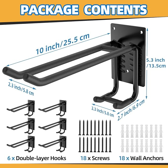 6 Pack Garage Hooks 10 INCH Heavy Duty Double-Layer Steel Shed Wall Mount - Image 2