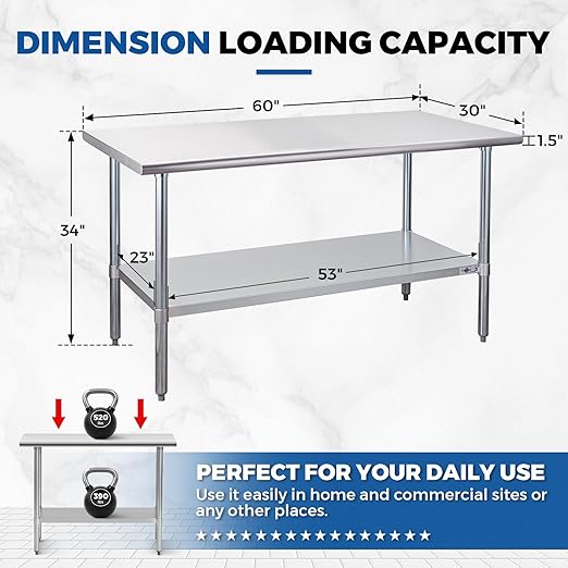 Profeeshaw Stainless Steel Prep Table 60x30 Inch NSF Commercial Work Table - Image 2