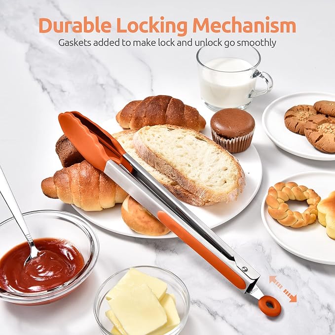 Tongs with Silicone Tips, Locking Design, 12-Inch Orange