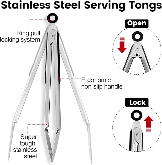 Kitchen Tongs 12-Piece Set, Stainless Steel, 7, 9 and 12 Inch