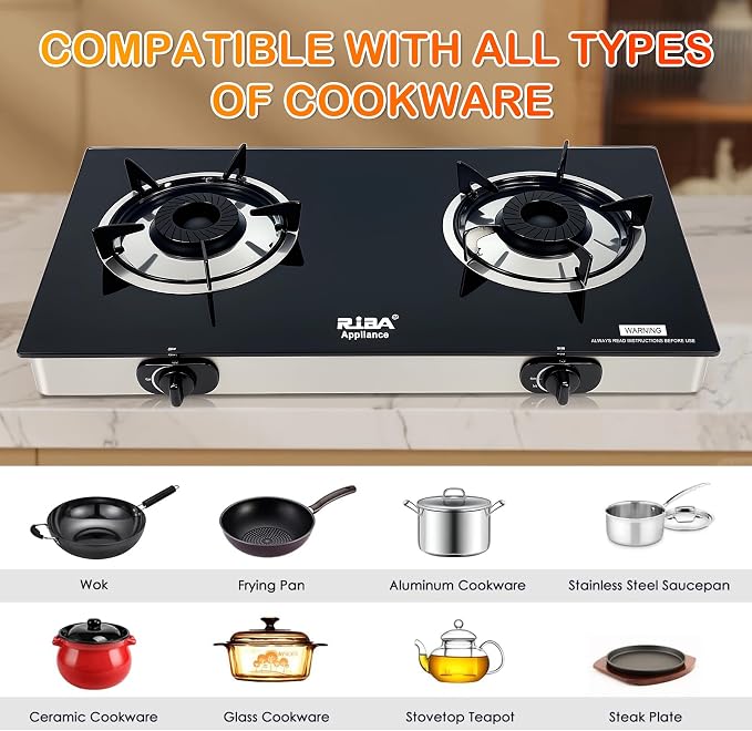 2 Burner Propane Gas Stove, Portable Tempered Glass Camping Stove Propane - Image 3