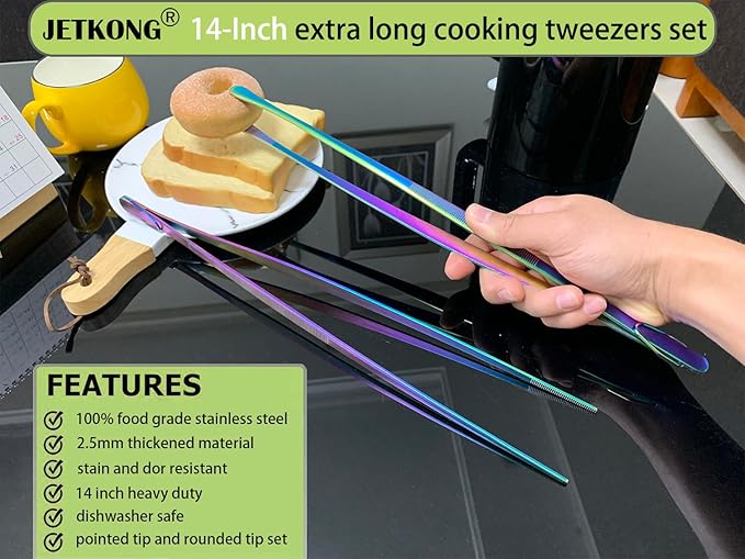 Tongs 14-Inch Stainless Steel Food Tweezers, 2-Pack, Rainbow Finish