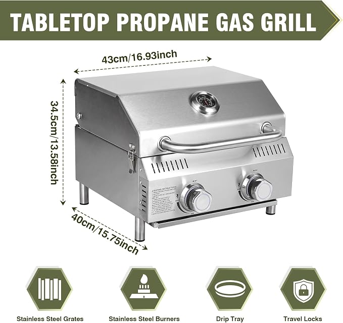 Bestfire Tabletop Gas Grill 2 Burners, 000 BTUs Stainless Steel Portable - Image 5