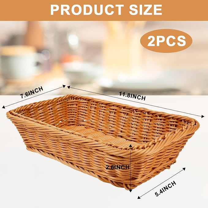 2 Pack 12" Rectangular Poly Wicker Bread Baskets, Durable Woven Serving Basket - Image 2
