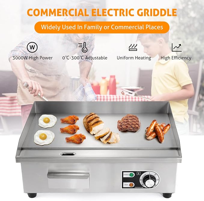 WICHEMI Commercial Electric Griddle 22" 3000W Flat Top Grill Countertop Griddle - Image 2