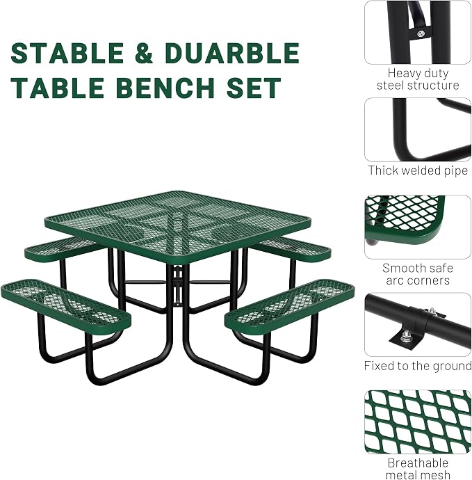 46" Square Picnic Table for Outside, Heavy Duty Metal Picnic Table Bench Set - Image 4