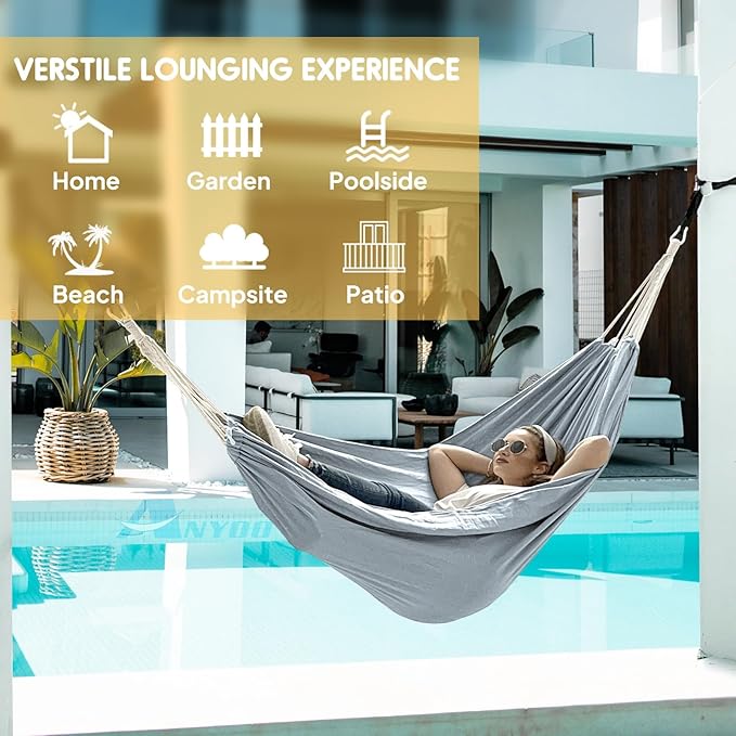 Hammock in Grey Cotton with Anti-Rollover Design, 106 x 59 Inch