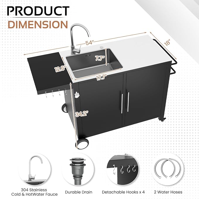 Grill Table with Sink, Outdoor Stainless Steel Kitchen Island Cabinets Sink - Image 3