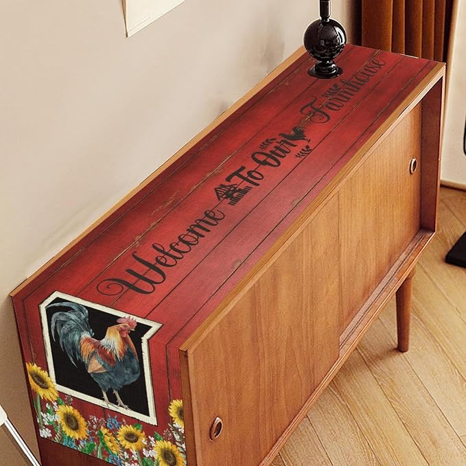 Rooster Table Runner, Farmhouse Vintage Chicken Wooden Sunflower Floral Cow Pig - Image 3