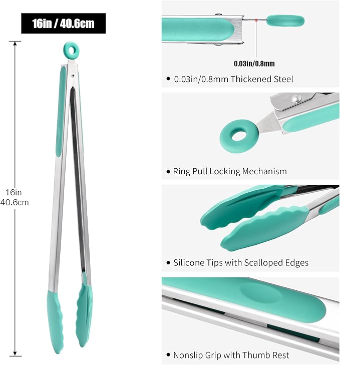 Stainless Steel Kitchen Tongs with Silicone Tips, 17.2 Inch, Aqua Sky