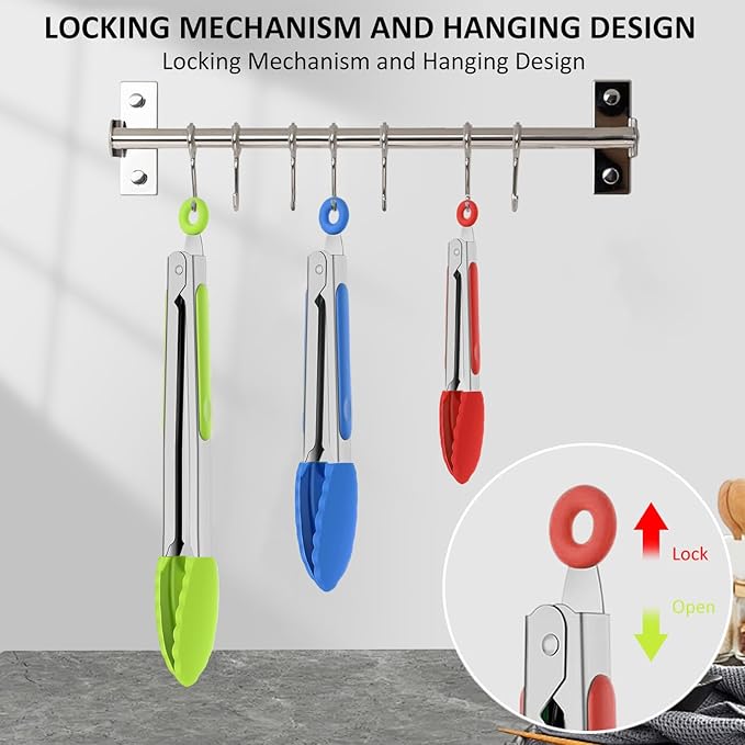 Tongs Set, 9 Pieces in 7, 9 and 12 Inch Sizes with Silicone Tips