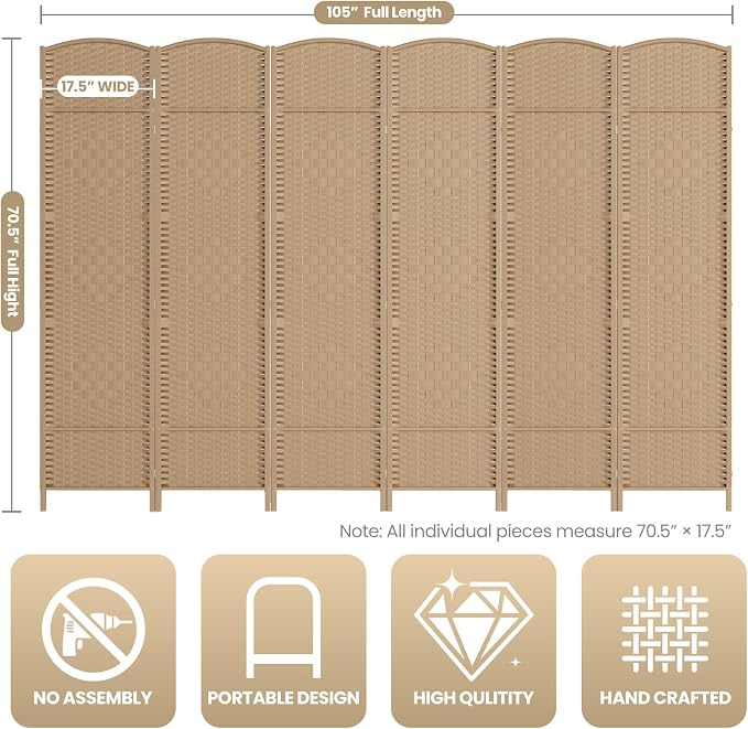 6 Panel Room Divider, 6Ft Folding Privacy Screen, Tall - Image 3