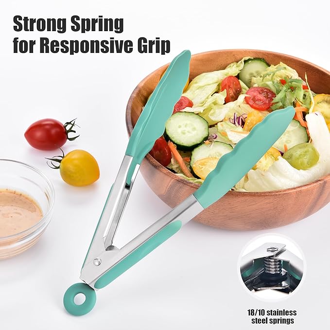 Tongs with Silicone Tips, 10.51-Inch Stainless Steel Locking Tongs, Aqua Sky