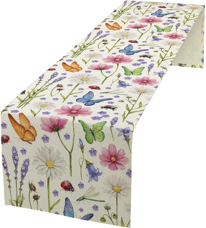 Flower Floral Table Runner, Butterfly Wildflowers Daisy Spring Summer Rustic by Unknown