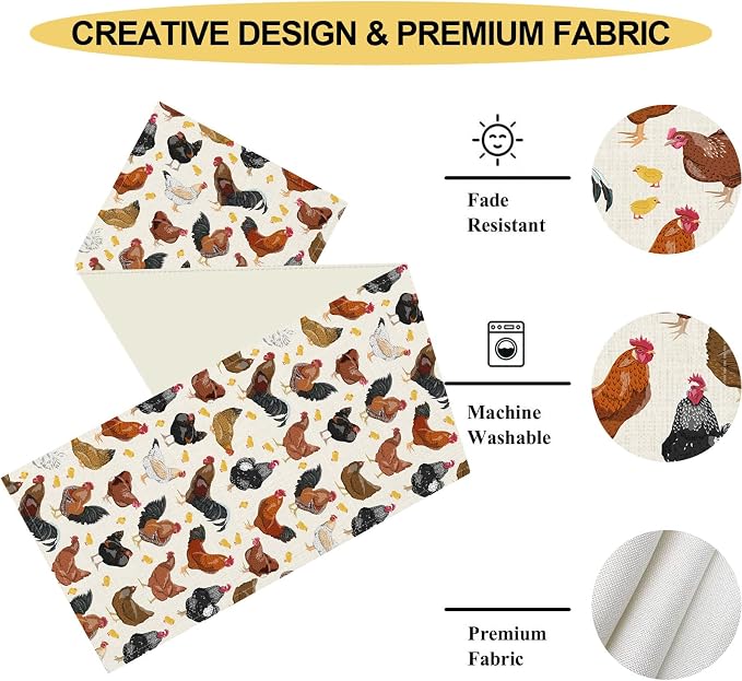 Farmhouse Rooster Table Runner, Rustic Farm Animals Cow Pig Chicken Coffee - Image 4