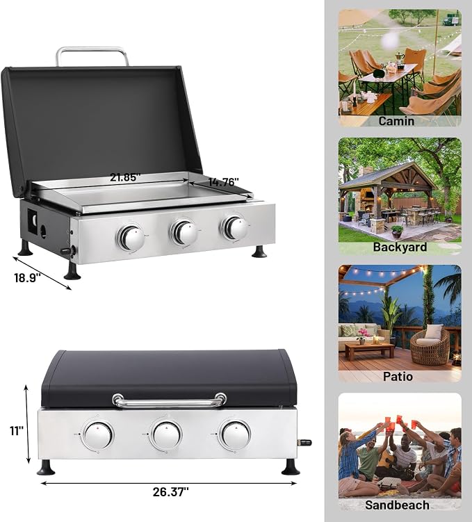 26 inch Tabletop Griddle with Ceramic Coated Cast Iron Plate, 3 Burners Flat - Image 6