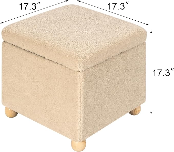 Adeco 17 Inch Soft Oatmeal Cube Ottoman Storage, Teddy Velvet Chair Foot Stools - Image 2