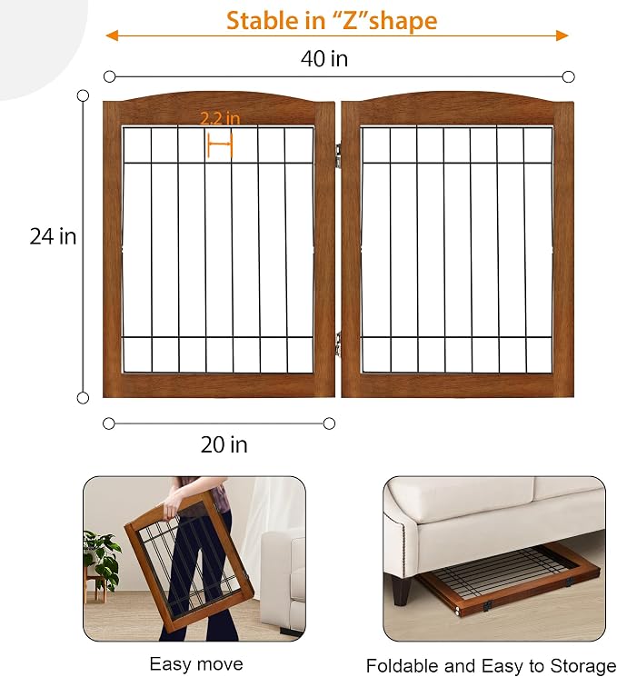 LZRS 2-Panel Freestanding Foldable Wood Dog Gate – Solid Wood & Steel Wire - Image 5