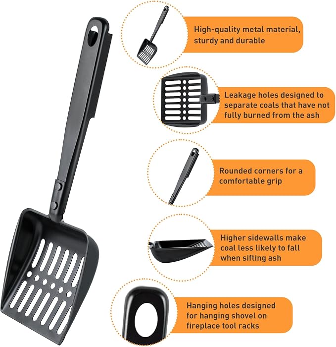 2PCS Hollow Out Fireplace Ash Sifter, 13 Inch Metal Black Coal Shovel Heat - Image 3