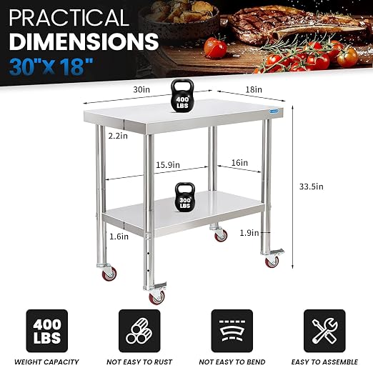 Stainless Steel Table with Wheels 30 x 18 Inch NSF Commercial Stainless Steel - Image 2