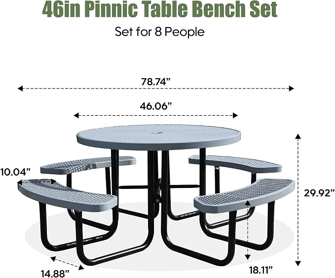 46'' Round Metal Picnic Table for Outdoors, Commercial Steel Metal Picnic Tables - Image 3