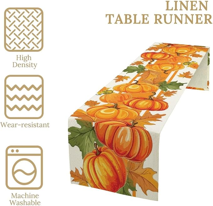 Fall Pumpkin Table Runner, Autumn Orange Maple Leaves Print Table Runner - Image 3