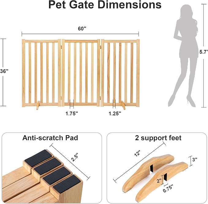 36" Height Extra Tall Freestanding Pet Gate, Solid Wood Folding Safety Fence - Image 2