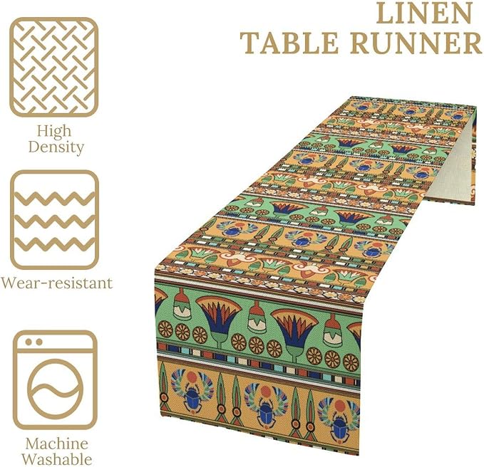 Egyptian Print Table Runner, Egyptian Ornament Scarab Flower Abstract Design - Image 6