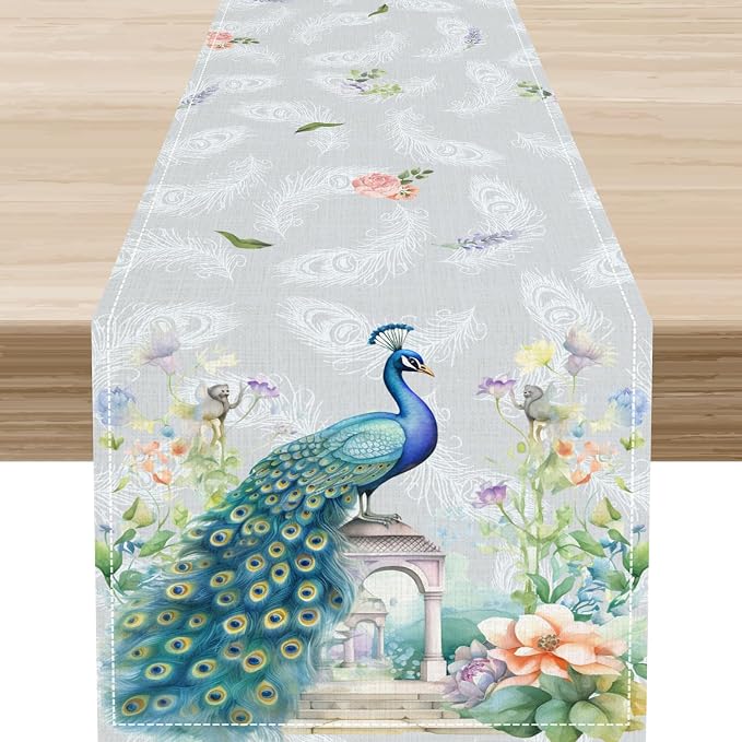Peacock Table Runner, Watercolor Traditional Chinese Style Peacock Floral by Unknown