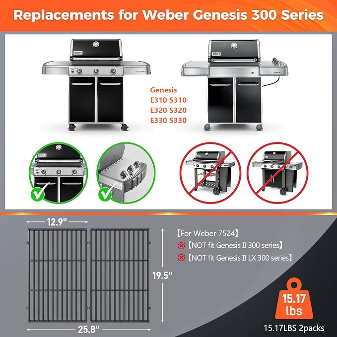 QuliMetal 19.5" Grill Grates for Weber Genesis 300 Series, Genesis E310 E320 - Image 2