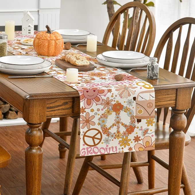 Artoid Mode Daisy Flower Peace and Love Table Runner, Wreath Float Groovy - Image 3
