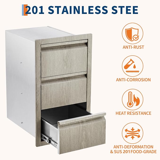 Stainless Steel Outdoor Kitchen Triple Drawers 14.7" W x 18.5" D x 24.5" H - Image 4