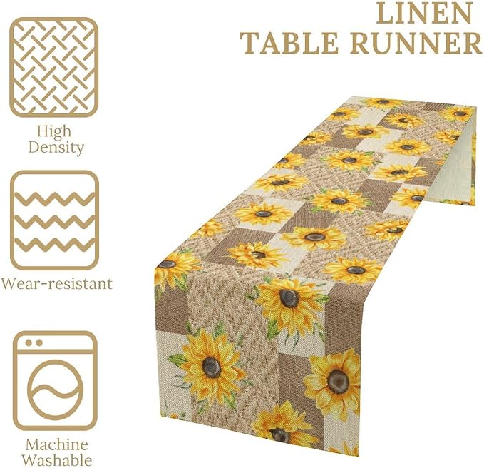 Farmhouse Sunflower Table Runner, Rustic Vintage Linen Patchwork Summer Yellow - Image 4