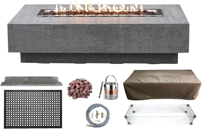 Elementi | Bundle Hampton Gas Fire Pit Cast Concrete 56" Rectangular Fire Table by AMSFireplaceInc