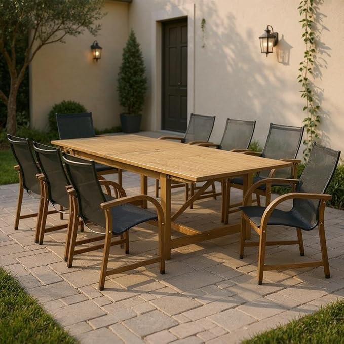 Amazonia Franklin 9-Piece Rectangular Extendable Patio Dining Set Teak Finish by Amazonia