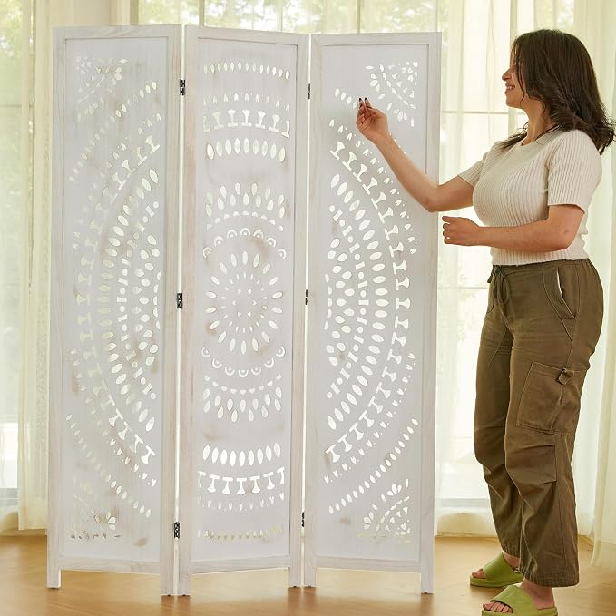 Room Divider Wood Carved Wall Divider Indoor Folding Bohemian Style Portable - Image 2